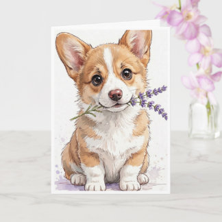 Corgi-Welpe mit einem Lavendelstiel Karte