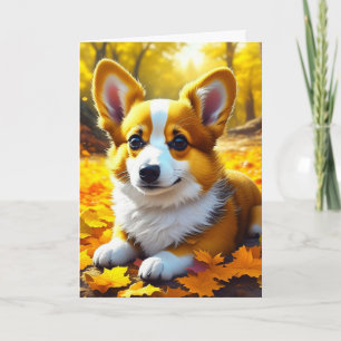 Corgi-Welpe spielt im Herbstlaub Karte