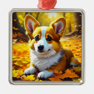 Corgi-Welpe spielt im Herbstlaub Ornament Aus Metall