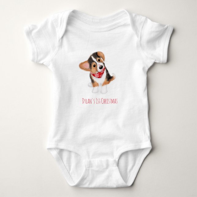 Corgi Welpenbaby's 1st Christmas Bodysuit Baby Strampler (Vorderseite)