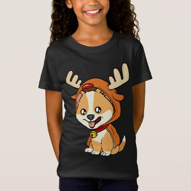 Corgi Welpenhund gekleidet als Rentierhunde Xmas T-Shirt (Vorderseite)