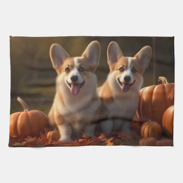 Corgi Welppy Autumn Delight Pumpkin Geschirrtuch (Horizontal)