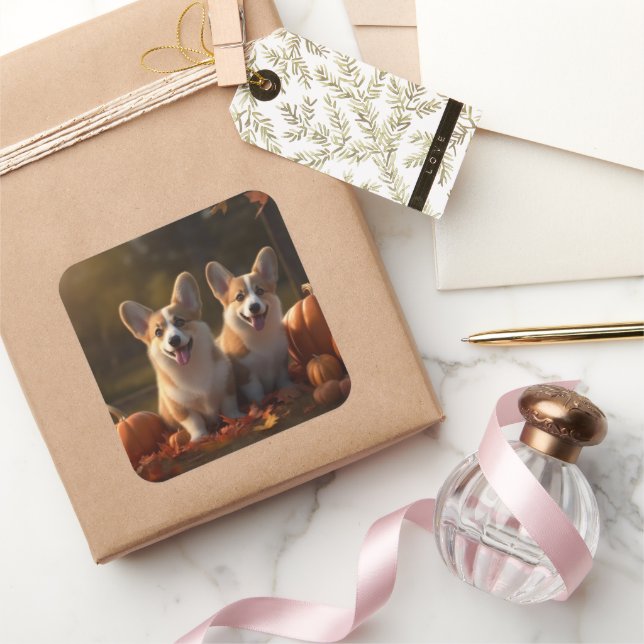 Corgi Welppy Autumn Delight Pumpkin Quadratischer Aufkleber (Schenken)