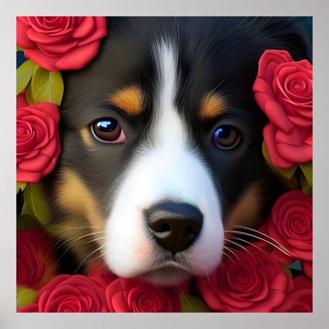 Corgi Welppy in rote Rosen Poster (Vorne)