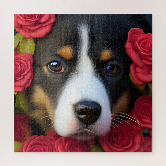 Corgi Welppy in rote Rosen Puzzle (Vertikal)