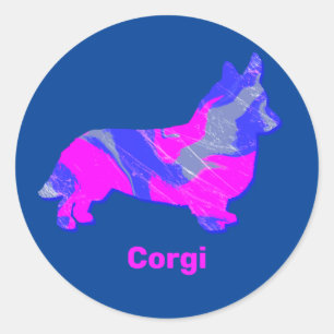 Corgi - Welsh Pembroke Dog Pink & Blue Silhouette Runder Aufkleber