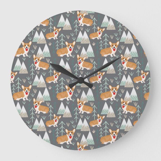 Corgis im Gebirge und Waldmuster Große Wanduhr (Vorderseite)