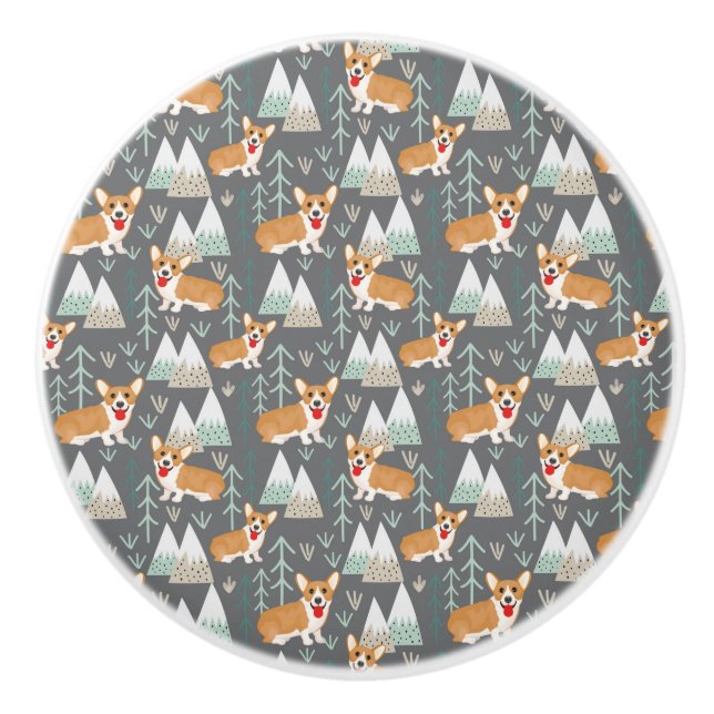 Corgis im Gebirge und Waldmuster Keramikknauf (Vorderseite)