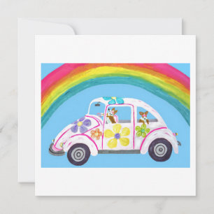 Corgis in Hippie-Auto am Strand mit einem Regenbog Karte