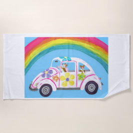 Corgis in Hippie-Auto am Strand mit Regenbogen Strandtuch