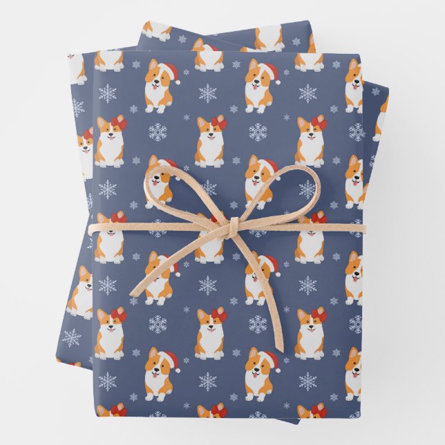 Corgis in Weihnachtsmannmützen und Schneeflocken-M Geschenkpapier Set (Beispiel)