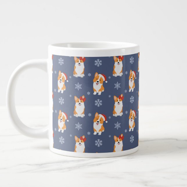 Corgis in Weihnachtsmannmützen und Schneeflocken-M Jumbo-Tasse (Links)