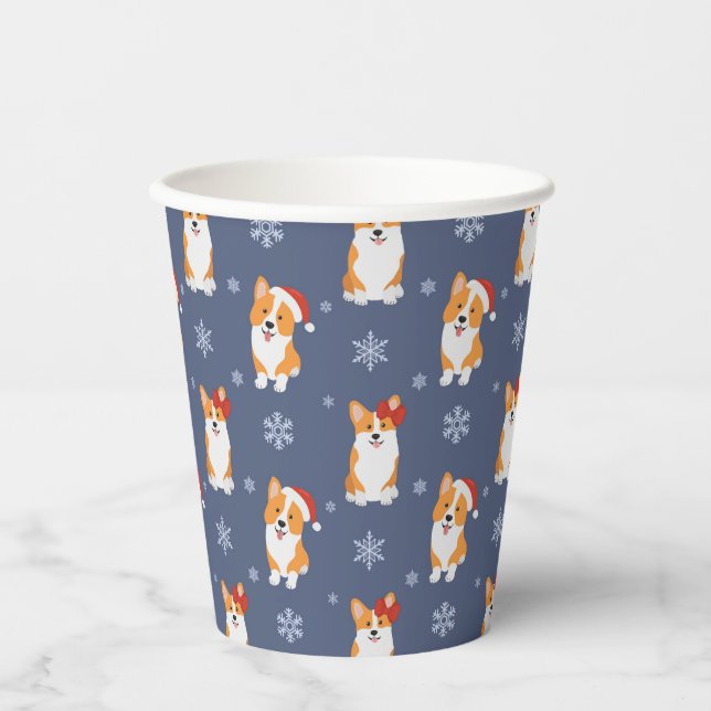 Corgis in Weihnachtsmannmützen und Schneeflocken-M Pappbecher (Vorderseite)