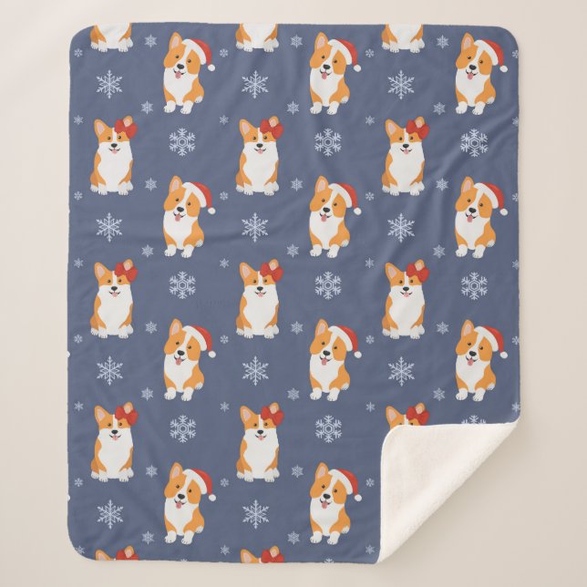 Corgis in Weihnachtsmannmützen und Schneeflocken-M Sherpadecke (Vorderseite)