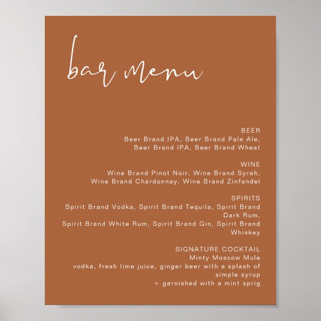 CORIANDER Terracotta Wedding Bar Menu Poster (Vorne)