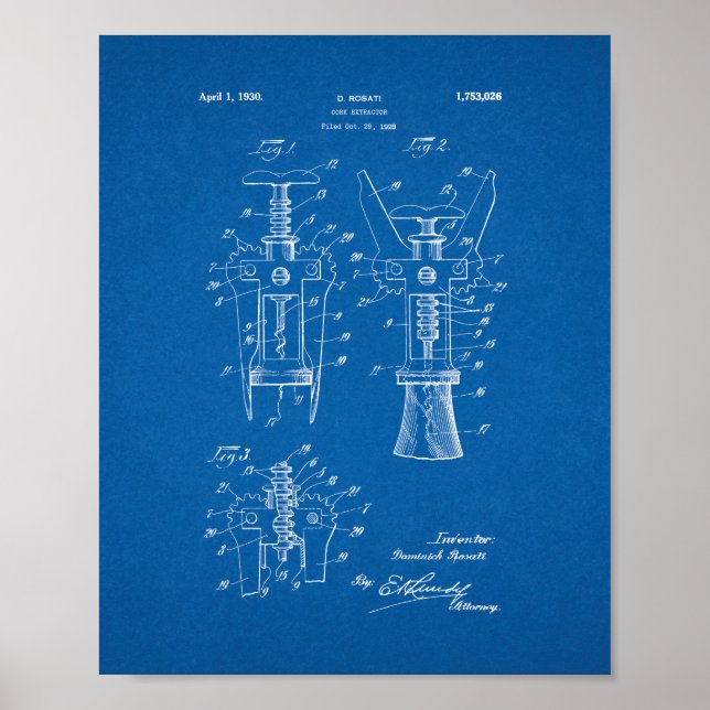 Cork Extractor Patent - Blueprint Poster (Vorne)