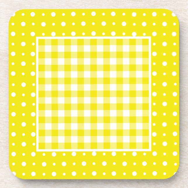 Cork Untersetzer, Gelber Karo Gingham und Polka Do Untersetzer (Vorderseite)