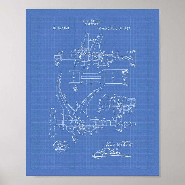 Corkschraube 1897 Patentart - Blueprint Poster (Vorne)