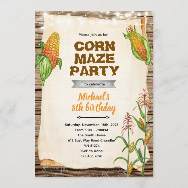 Corn maze birthday party invitation einladung (Vorderseite)
