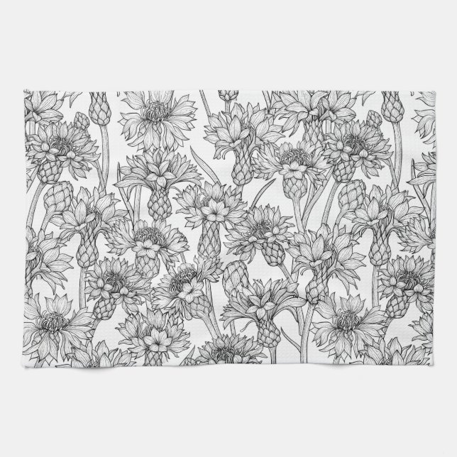 Cornblumen, Blume in Schwarz und Weiß Geschirrtuch (Horizontal)