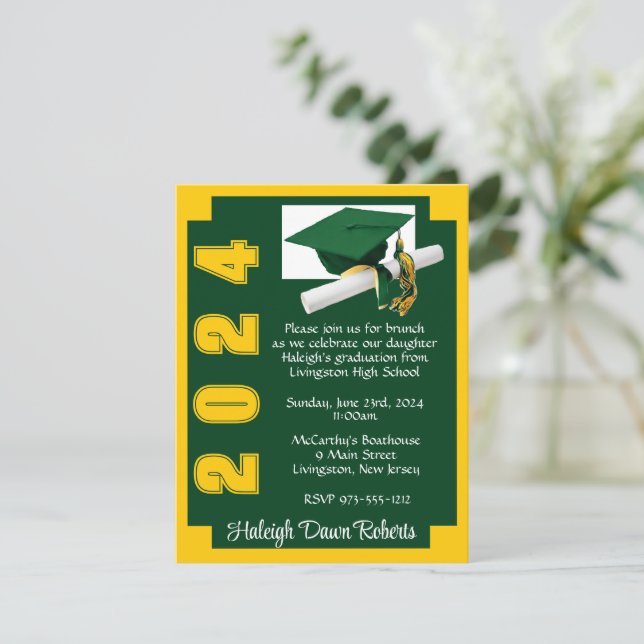 Corner Block Green & Gold Abschluss Einladung (Stehend Vorderseite)