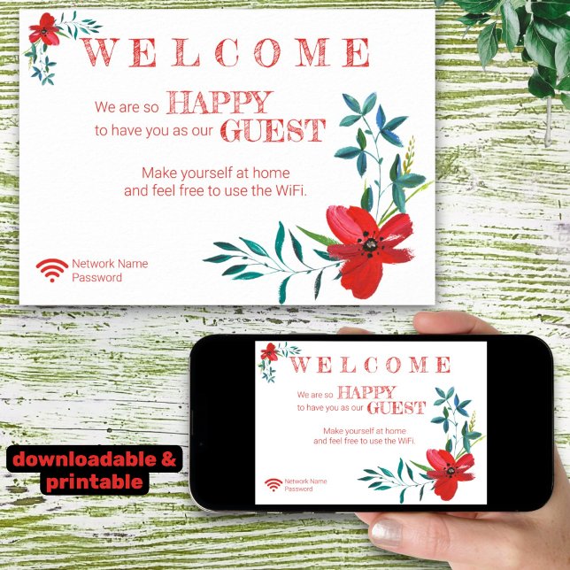 Corner Red Blume Welcome Guest Wifi Password Poster (template wifi instructions printed and downloadable)