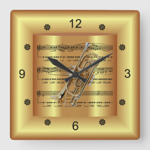 ~ Cornet ~ Kurve Sheet Music ~ Gold Background ~ Quadratische Wanduhr