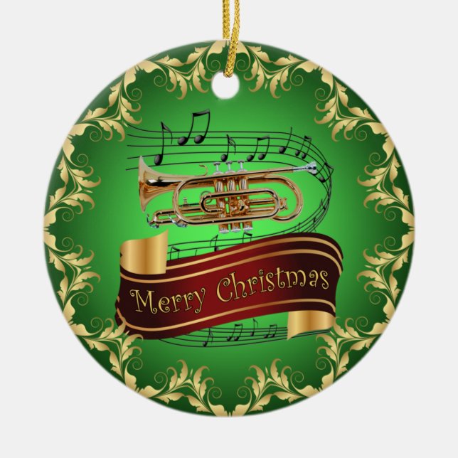 Cornet ~ Musical Scroll ~ Frohe Weihnachten ~ * ~ Keramik Ornament (Vorne)