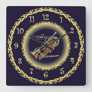 Cornet ~ Musikalische Scroll ~ Gold/Navy Blue ~ Pl Quadratische Wanduhr