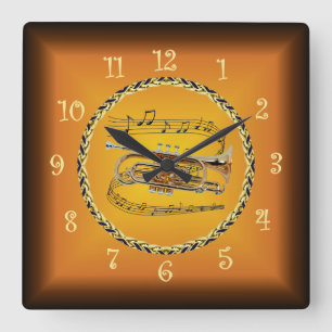 Cornet on Musical Scroll & Russet Orange ~ Quadratische Wanduhr