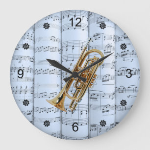 Cornet ~ Rolled Sheet Music ~ Blue Tint Hintergrun Große Wanduhr