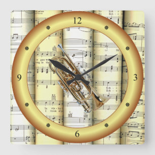 Cornet ~ Rolled Sheet Music ~ Gold Ring ~ * ~ Quadratische Wanduhr