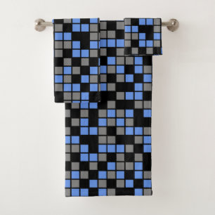 Cornflower Blau, Schwarz, Grau, Random Mosaik-Quad Badhandtuch Set