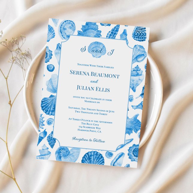 Cornflower Blue Coastal Seashell Wedding Einladung (Cornflower Blue Coastal Seashell Wedding Invitation)