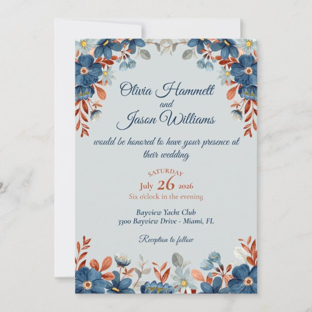Cornflower Blue & Copper Wedding Einladung (Vorderseite)