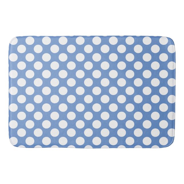 Cornflower Blue: Grosses weißes Polka Dot Muster Badematte (Vorderseite)