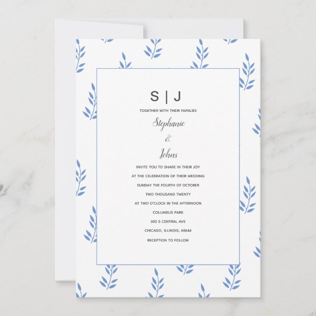 Cornflower Blue Leaf Monogram Simple Wedding Einladung (Vorderseite)