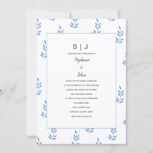 Cornflower Blue Leaf Monogram Simple Wedding Einladung