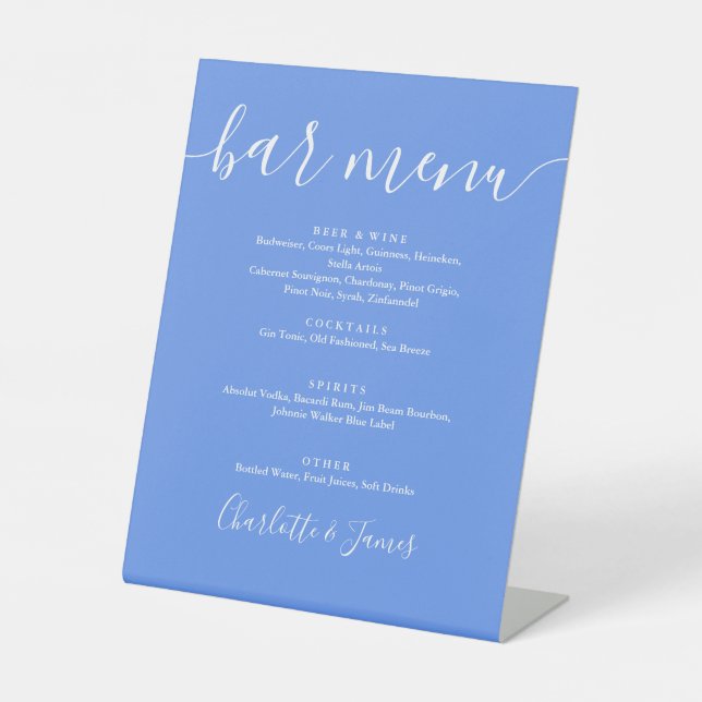 Cornflower Blue Modern Script Wedding Bar Menu Sockelschild (Vorderseite)