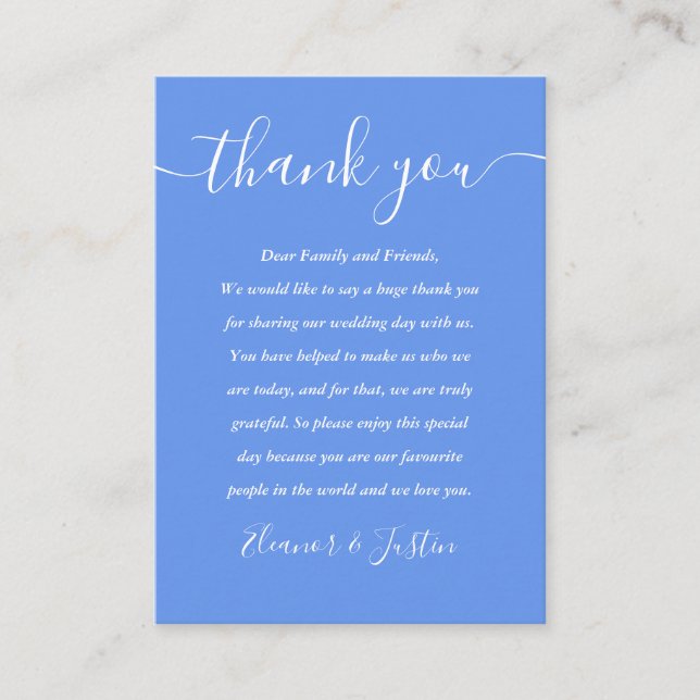Cornflower Blue Modern Script Wedding Vielen Dank Platzkarte (Vorderseite)