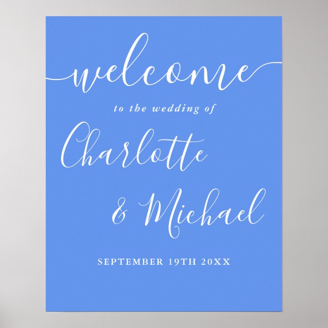 Cornflower Blue Modern Wedding Begrüßungszeichen Poster (Vorne)