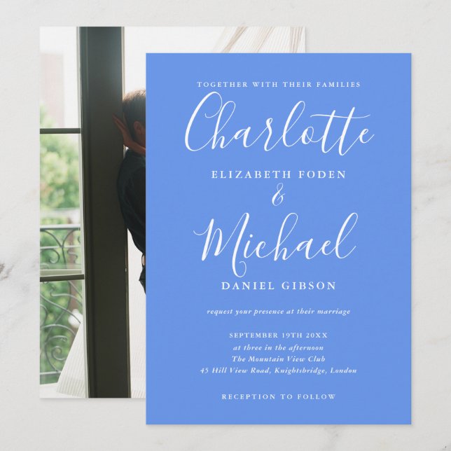 Cornflower Blue Modernes Script Foto Hochzeit Einladung (Vorne/Hinten)
