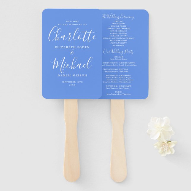 Cornflower Blue Signature Script-Hochzeitsprogramm Fächer (Vorne und Hinten)