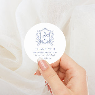 Cornflower Blue Vintag Wappen Hochzeit Vielen Dank Runder Aufkleber