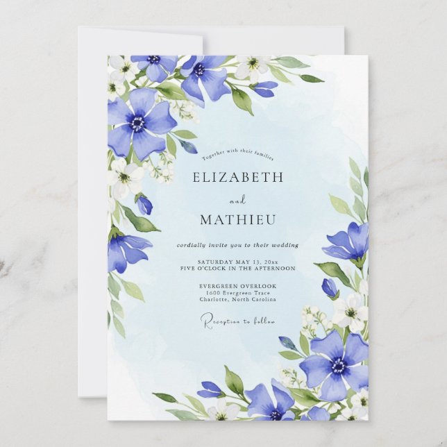 Cornflower Blue Watercolor Spring Wedding Einladung (Vorderseite)