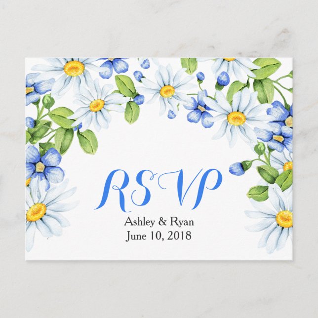 Cornflower Blue White Daisy Floral Wedding RSVP Einladungspostkarte (Vorderseite)