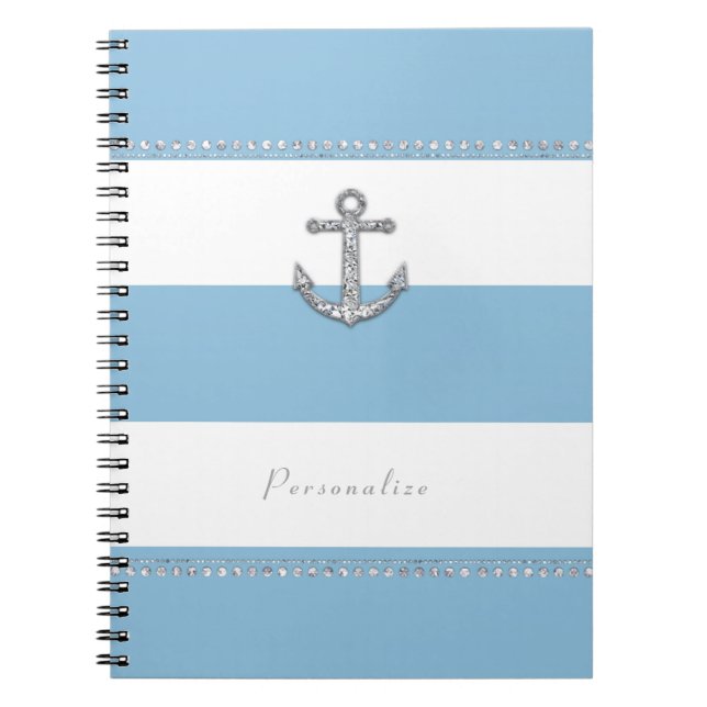 Cornflower Blue & White Stripes Diamant Anker Notizblock (Vorderseite)