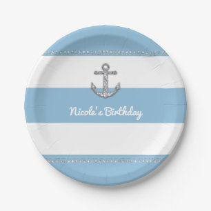 Cornflower Blue & White Stripes Diamant Anker Pappteller