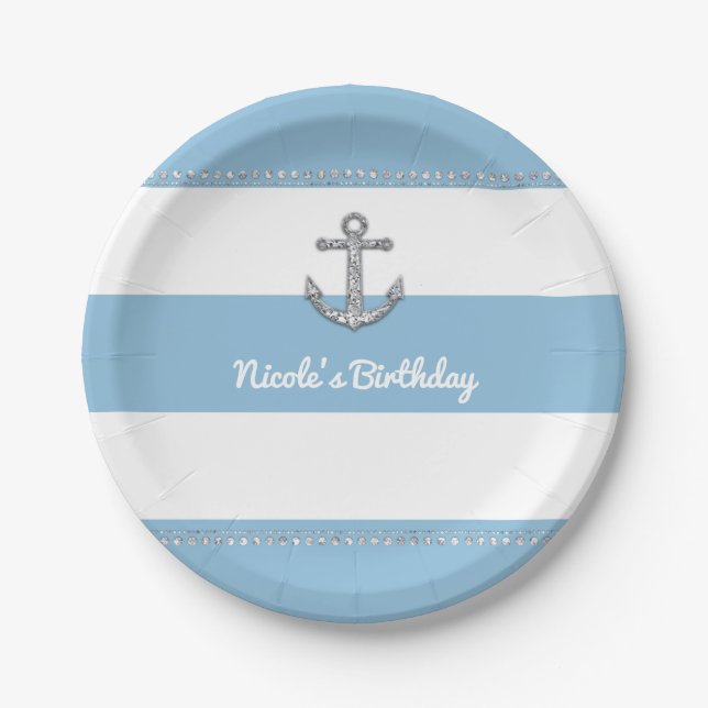 Cornflower Blue & White Stripes Diamant Anker Pappteller (Vorderseite)