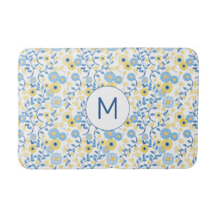 Cornflower Blue Yellow Floral Patterns Monogramm Badematte